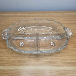 Vintage Fostoria Chintz Etched Glass 3 Part Handled Relish Dish Baroque 12"